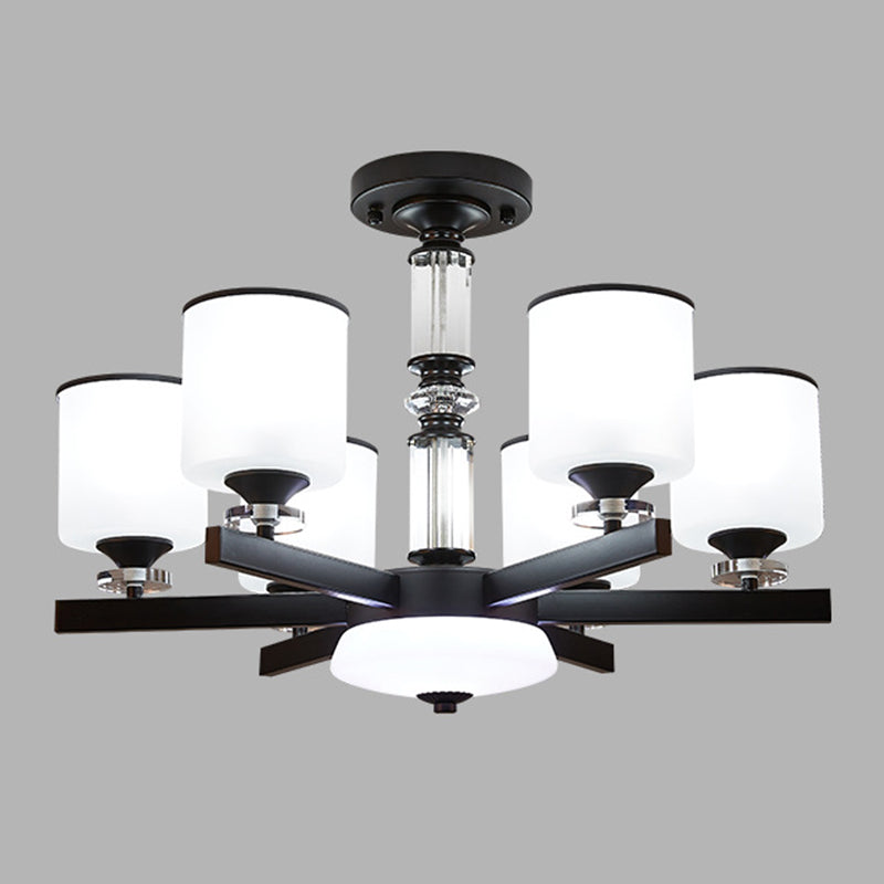 Milky Glass Cup Chandelier Modern Style Black Finish Hanging Light for Living Room