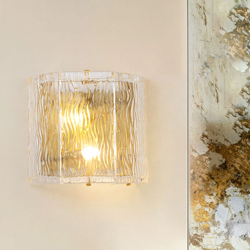 Half-Cylinder Wall Sconce Fixture Modernism Clear Ripple Glass 2 Lights Hallway Wall Lighting in Gold Finish