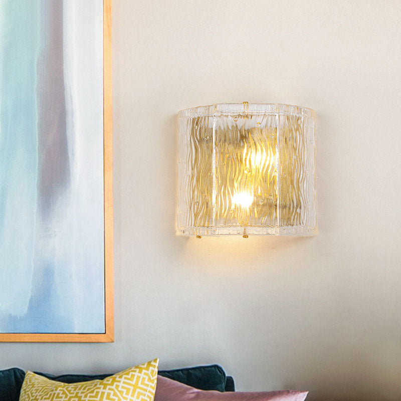 Half-Cylinder Wall Sconce Fixture Modernism Clear Ripple Glass 2 Lights Hallway Wall Lighting in Gold Finish