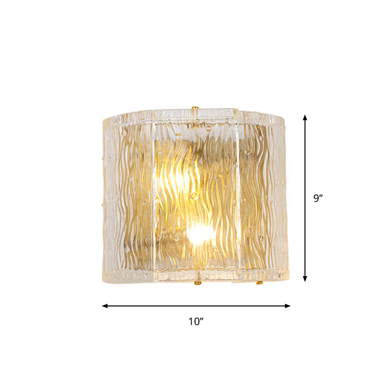 Half-Cylinder Wall Sconce Fixture Modernism Clear Ripple Glass 2 Lights Hallway Wall Lighting in Gold Finish