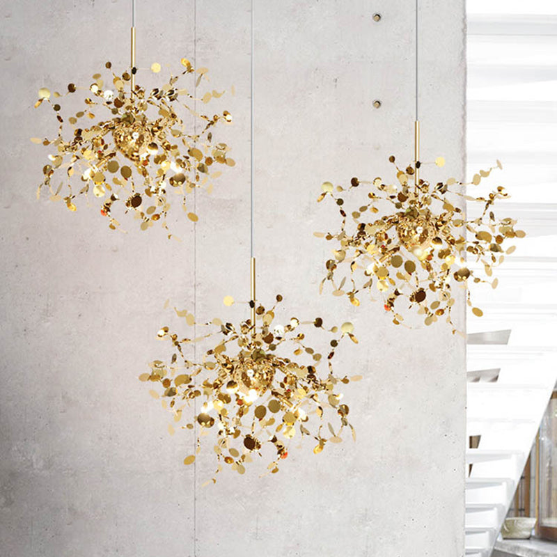 Stainless Steel Leaves Pendant Light Modern 3-Light Sequin Chandelier for Clothing Store