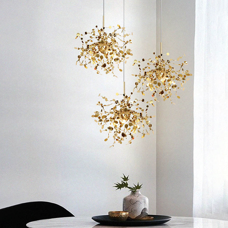 Stainless Steel Leaves Pendant Light Modern 3-Light Sequin Chandelier for Clothing Store