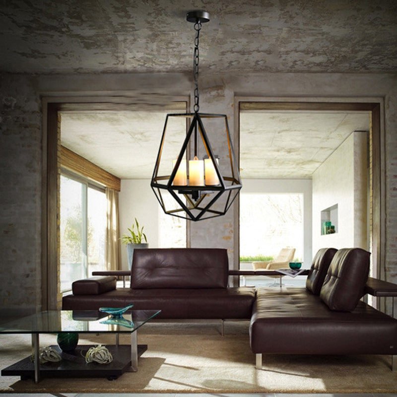 Metal Black Finish Chandelier Caged Country Style Suspension Light with Faux Candles