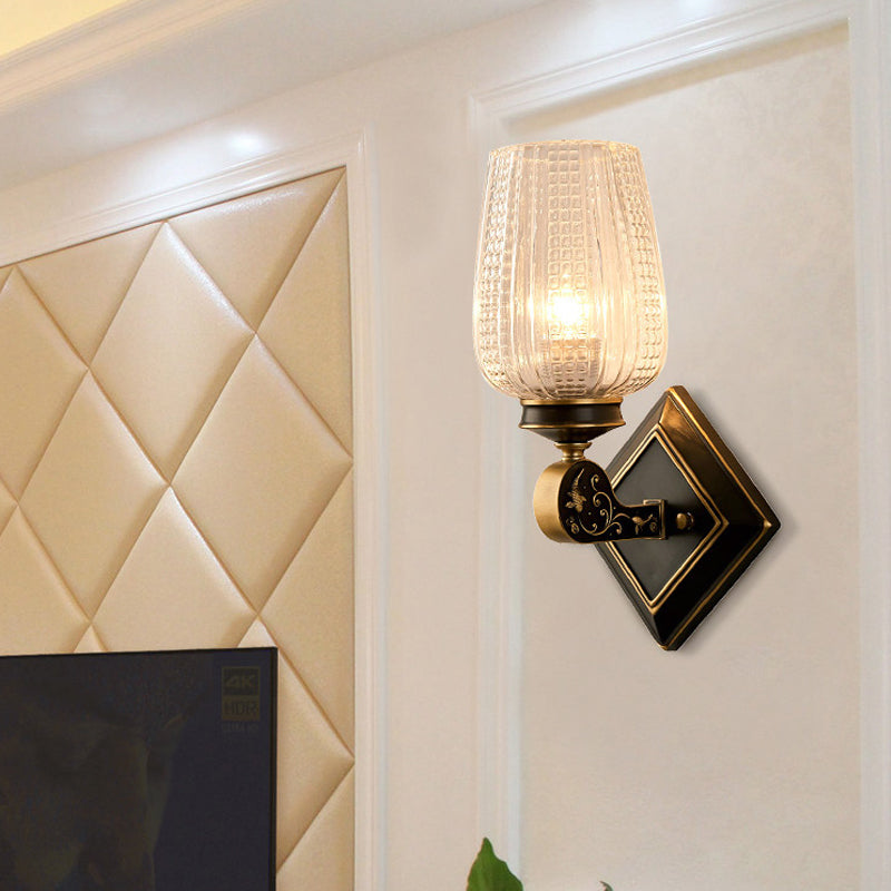 Cup Shade Wall Mounted Light Contemporary Style Clear Textured Glass 1 Bulb Brass Wall Lighting