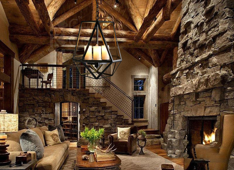 Metal Black Finish Chandelier Caged Country Style Suspension Light with Faux Candles