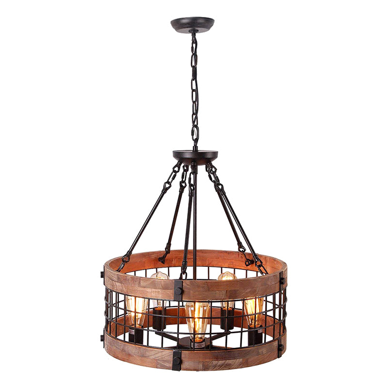 Brown Grid Cage Drum Chandelier Rustic Metal Dining Room Suspension Pendant Light