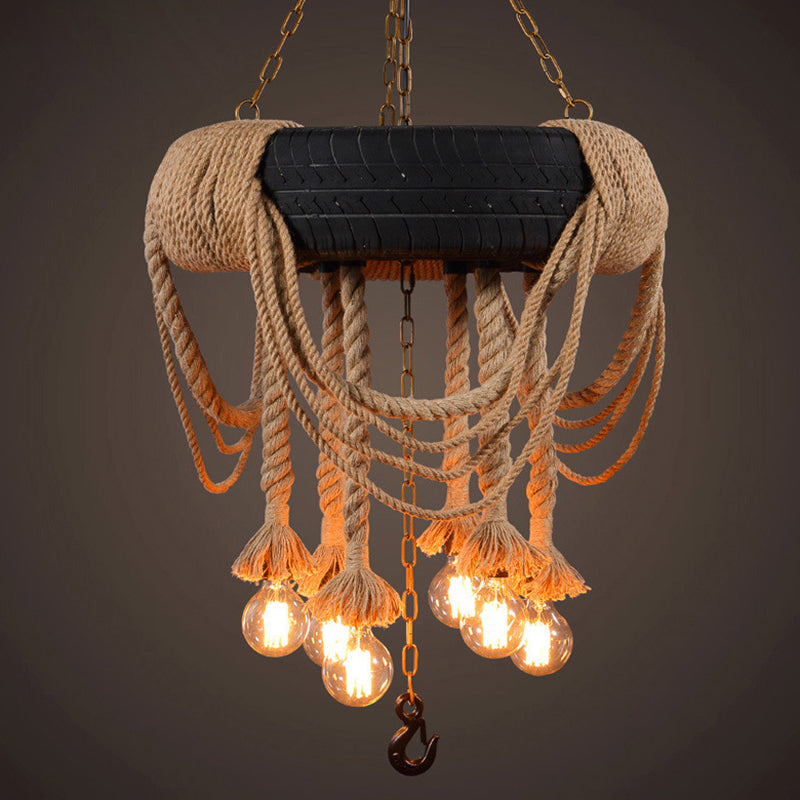 Black Tyre Chandelier Factory Rubber 6-Bulb Bistro Suspension Lamp with Hemp Rope