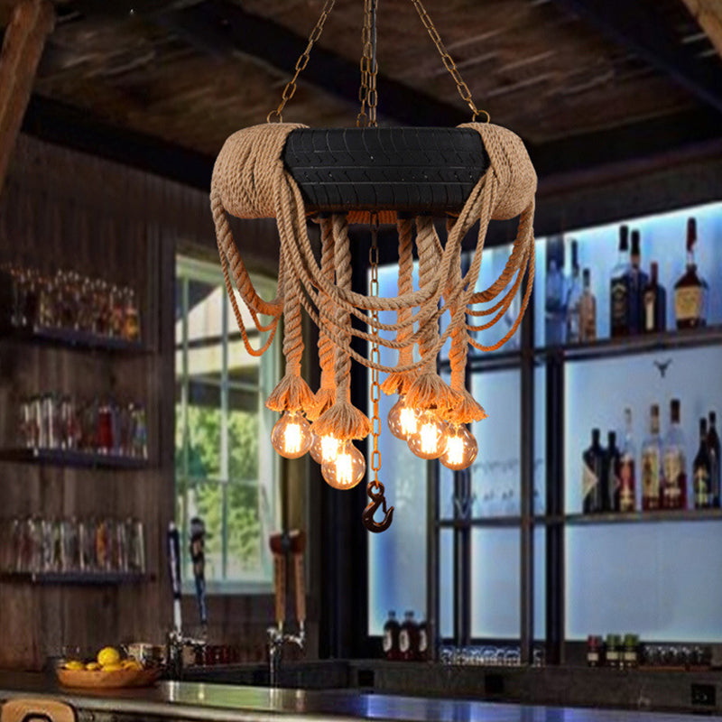 Black Tyre Chandelier Factory Rubber 6-Bulb Bistro Suspension Lamp with Hemp Rope