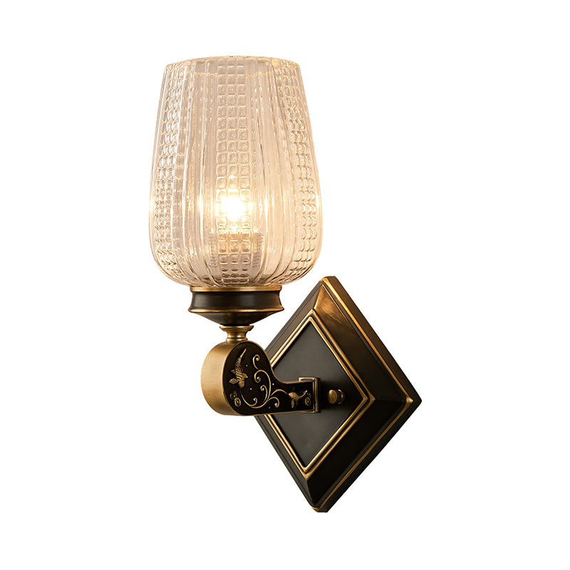 Cup Shade Wall Mounted Light Contemporary Style Clear Textured Glass 1 Bulb Brass Wall Lighting