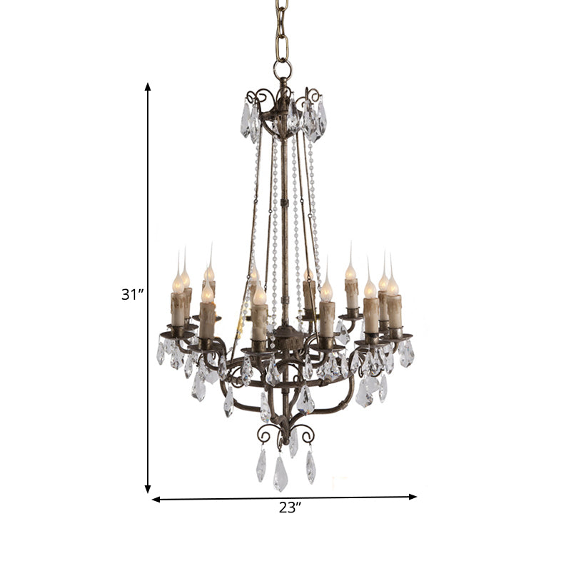 Crystal Candle Ceiling Chandelier Traditional 12 Lights Living Room Pendant Lighting in Bronze