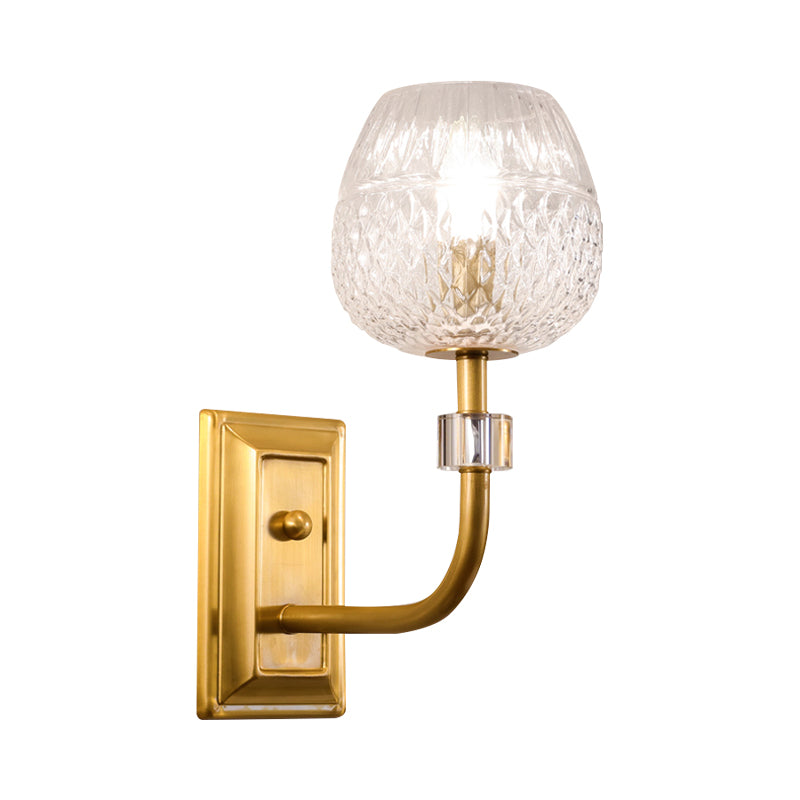 Dome Foyer Wall Light Fixture Clear Lattice Glass 1/2-Head Contemporary Wall Sconce in Gold Finish