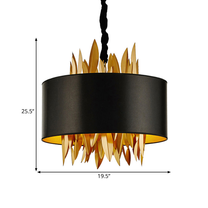 4 Lights Fabric Chandelier Lamp Country Black Round Dining Room Hanging Ceiling Light with Metal Leaves