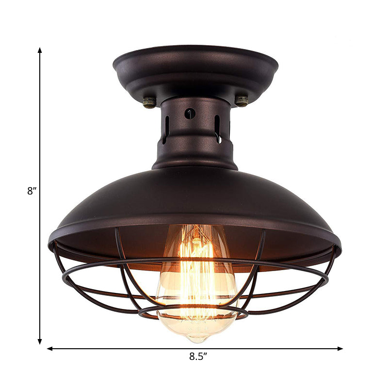 Barn Shade Kitchen Semi Mount Light Wrought Iron 1 Head Ceiling Flush Mount with Wire Guard in Antique Bronze/Bronze