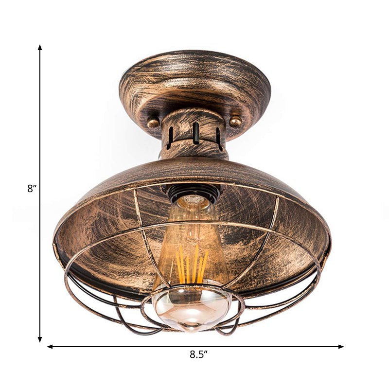 Barn Shade Kitchen Semi Mount Light Wrought Iron 1 Head Ceiling Flush Mount with Wire Guard in Antique Bronze/Bronze