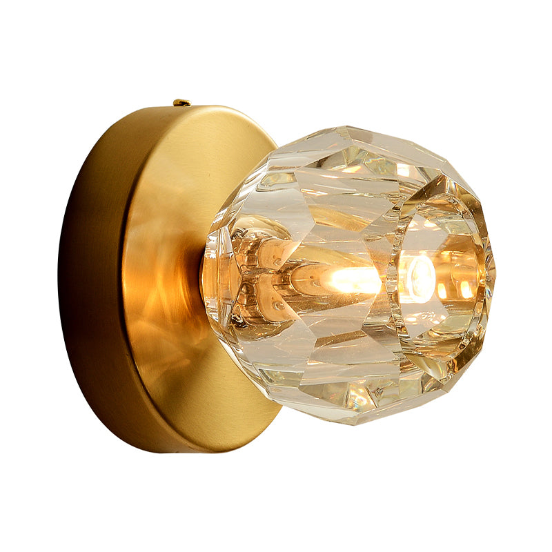 1 Head Living Room Wall Light Contemporary Style Golden Wall Mount Lamp with Faceted Global Clear Glass Shade