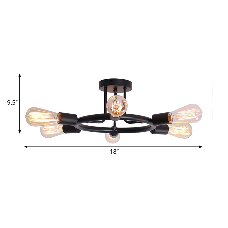Bare Bulb Semi Flush Ceiling Light Mid Century Metallic 6 Heads Semi Mount Light in Brass/Black Finish