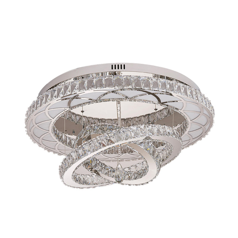 23.5“/31.5” Wide Ring Crystal Flush Mount Lamp Modern LED Living Room Ceiling Mounted Fixture in Chrome