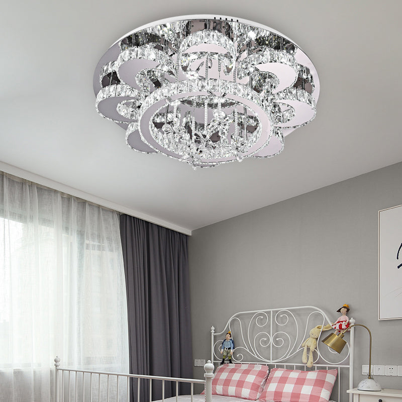 Plafonnier LED encastré de style moderne en cristal de type floral, éclairage encastré en chrome pour le salon, 23,5"/31,5" de large