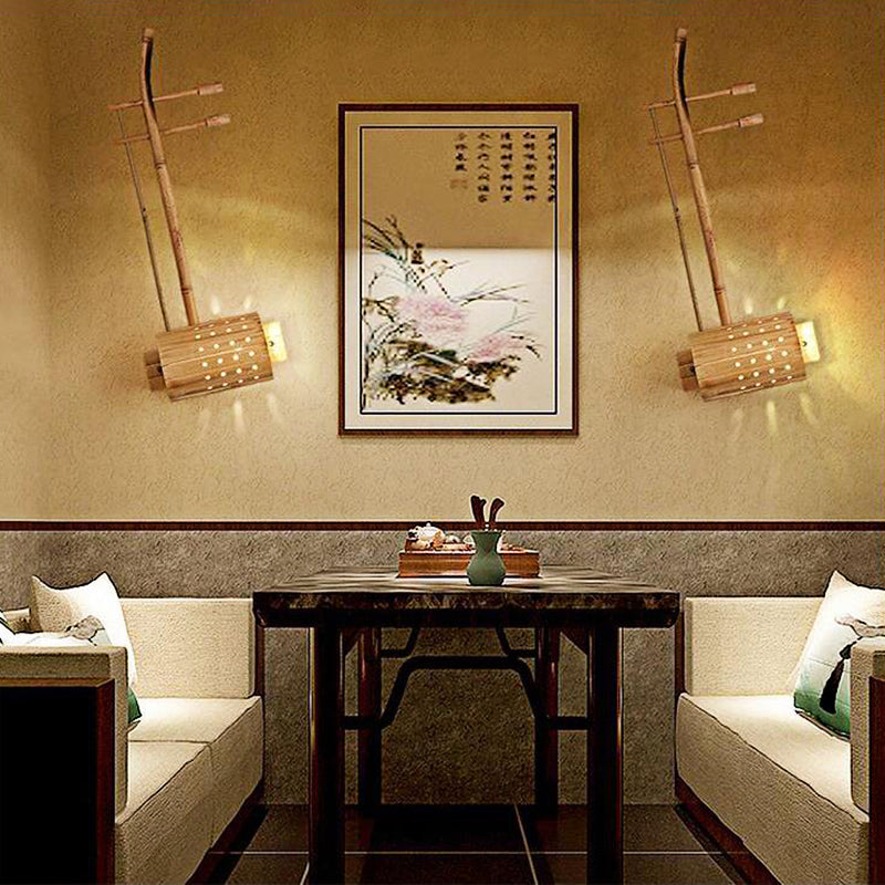 1 Bulb Tearoom Sconce Lamp Asian Wood Wall Light Fixture with Erhu Bamboo Shade