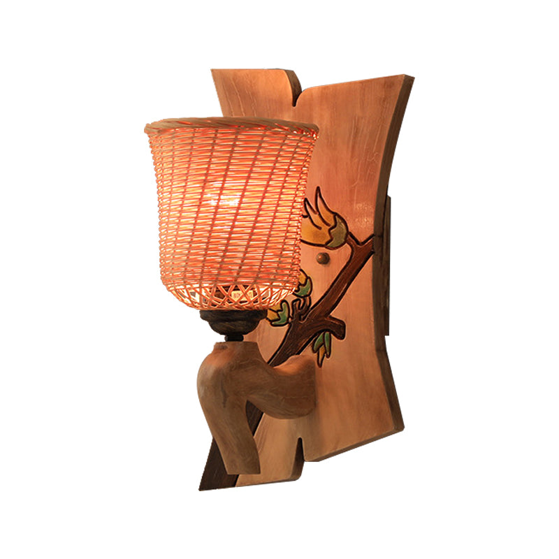 Bollitore in legno/campana/tromba sconce leggera tradizionale bambù 1 lampadina su/giù lampada montata a parete con emicilindro/piastra posteriore a blocchi