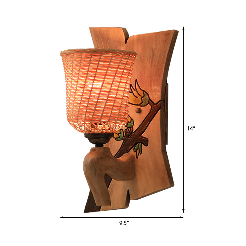 Bollitore in legno/campana/tromba sconce leggera tradizionale bambù 1 lampadina su/giù lampada montata a parete con emicilindro/piastra posteriore a blocchi