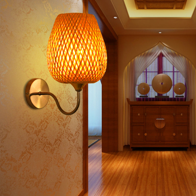 Cup Sconce Modernism Bamboo 1 Bulb Wood Wall Light Fixture with Curved Metal Arm