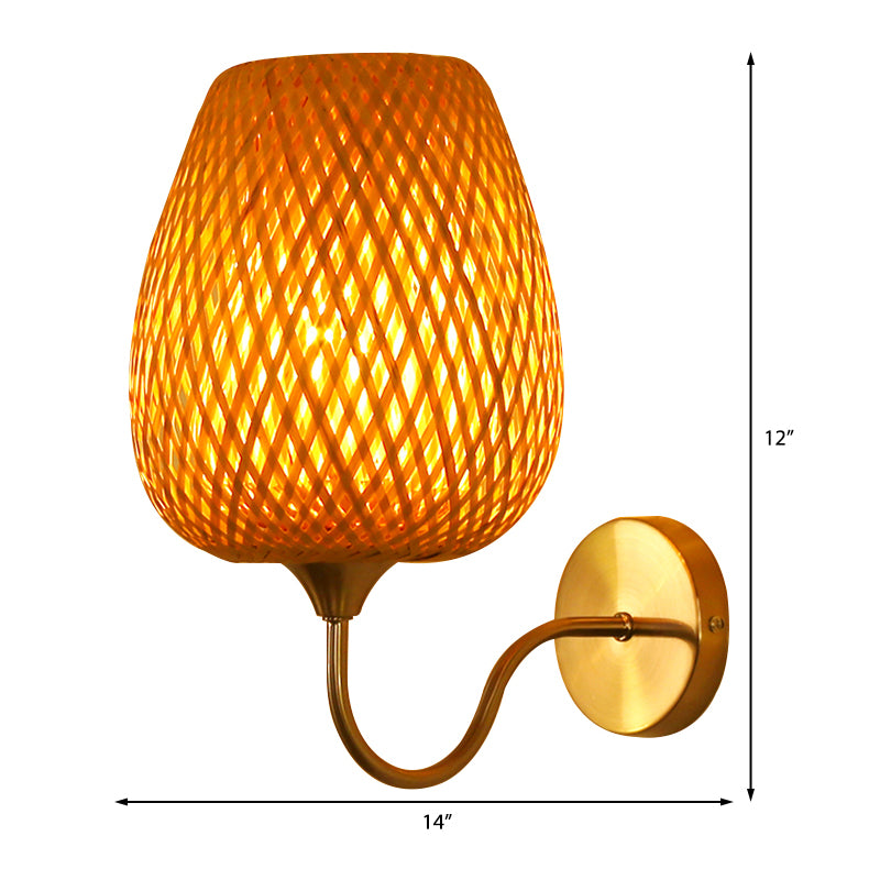 Cup Sconce Modernism Bamboo 1 Bulb Wood Wall Light Fixture with Curved Metal Arm