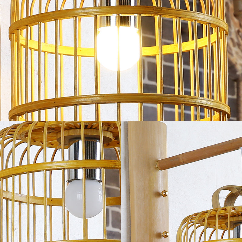 Wood Cage Sconce Lamp Asian 1 Bulb Bamboo Wall Mount Light Fixture with White Bird Deco