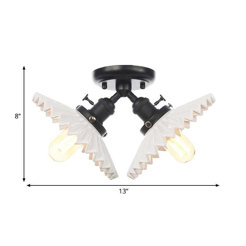 2 Bulbs Restaurant Ceiling Lighting Warehouse Style Black/Bronze Semi Flush Mount Light with Scalloped Milk Glass Shade