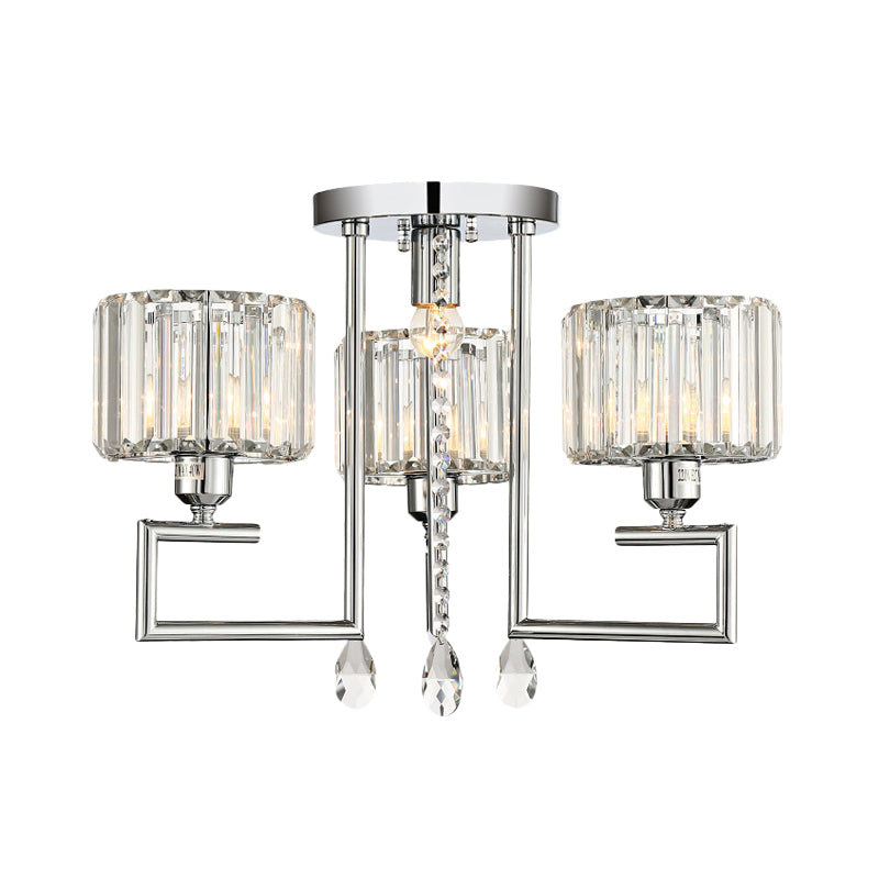 Tambour à tambour en cristal côtelé plafonnier moderne lampe à chasse d'eau en argent moderne 4/6 de lumière avec cadre de défilement