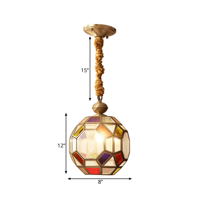 1 Bulb Faceted Disco Ball Pendant Colonial Brass Finish Ceiling Lamp with Multi-Colored Glass Shade