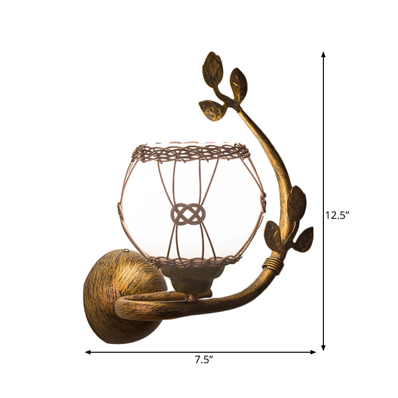 Opale Glass Rust Sconce lampe à bulles à 1 Light Light Vintage Mall Mount Éclairage pour salle à manger avec feuilles de fer Déco