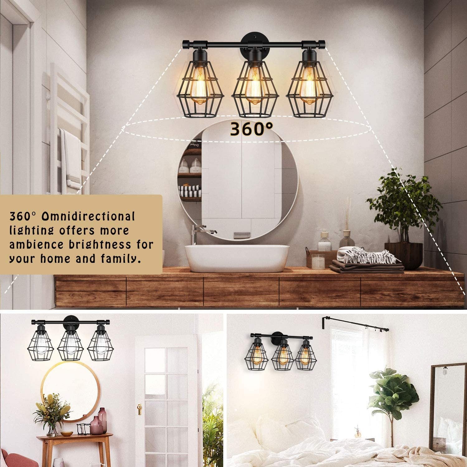 Cage Shade Vanity Wall Light RETRO Style Industrial Metal 3 Light Vanity Light