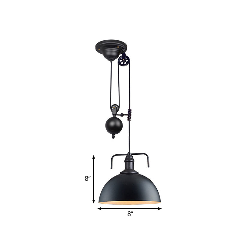 Black Dome Hanging Lighting Warehouse Style 1 Light Metallic Pendant Light Fixture with Pulley Design, 8"/12" Wide