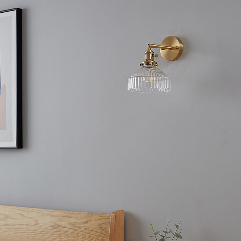 Industrial Wall Lamp Pressed Ribbed Glass Wall Light Sconce in Gold Finish for Bedroom
