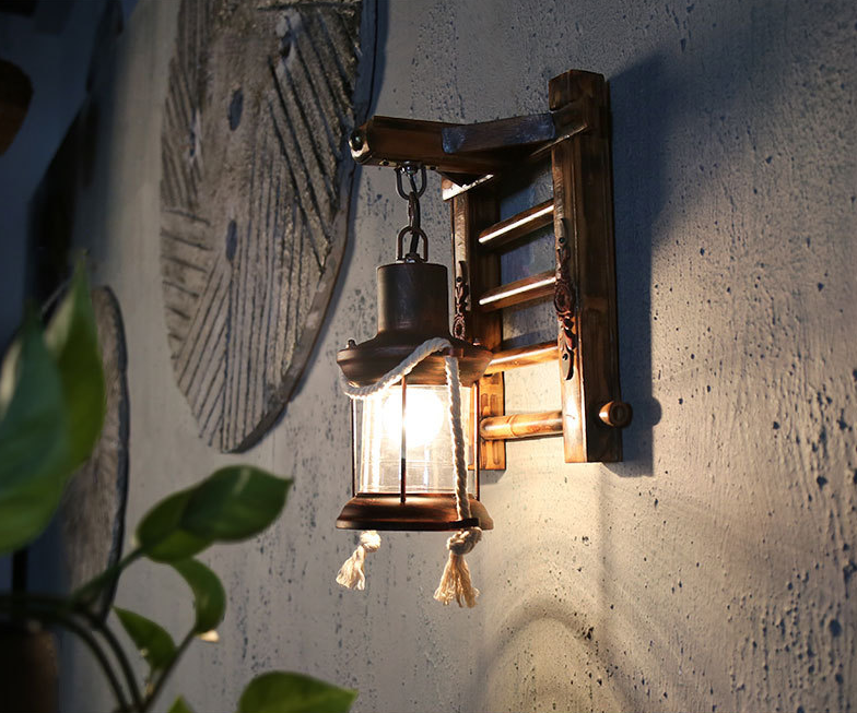 Retro Rustic Style Wall Lighting Ideas Bamboo Hanging Board Suspended Wall Sconce for Attic Tearoom