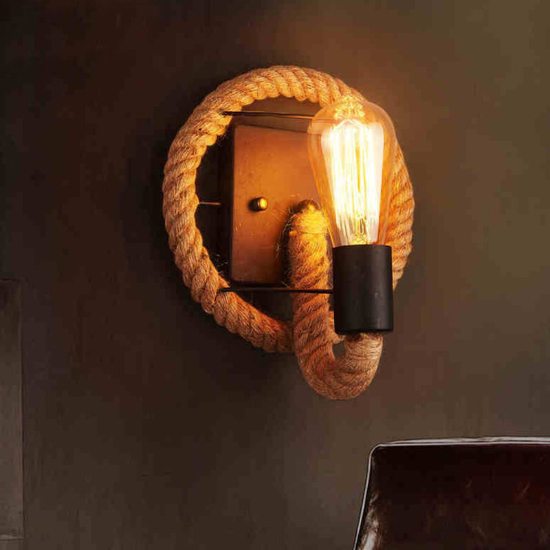 Wagon Wheel Indoor Wall Lighting Lodge Style Wall Mount Light with Rope Shade