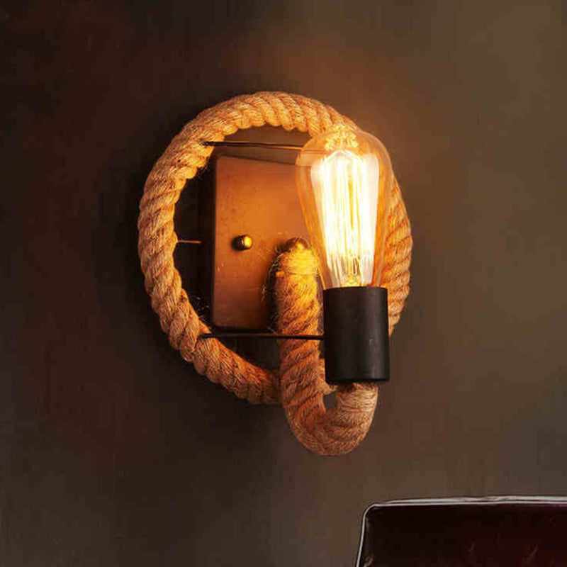 Wagon Wheel Indoor Wall Lighting Lodge Style Wall Mount Light with Rope Shade