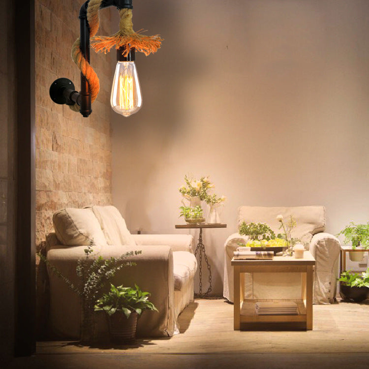 Industrial Style Wall Light Sconce Creative Jute Rope with Metal Plumbing Pipe