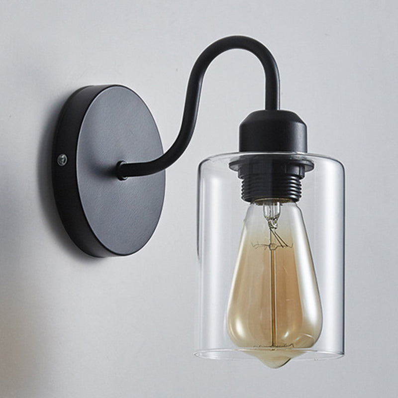Metal Armed Wall Sconce Single Light Wall Lamp with Cylinder Glass Shade for Bedroom