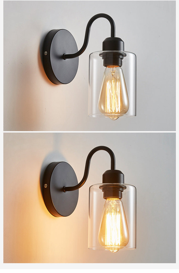 Metal Armed Wall Sconce Single Light Wall Lamp with Cylinder Glass Shade for Bedroom