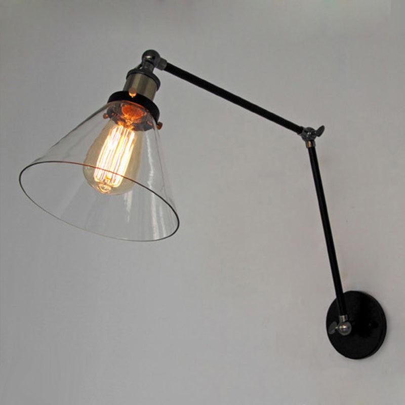 Swing Arm Wall Lamp Industrial Style Indoor Sconce Light with Conical Glass Shade