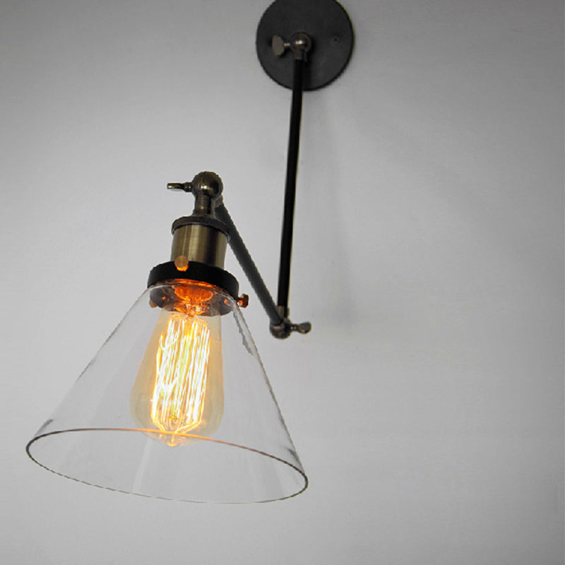 Swing Arm Wall Lamp Industrial Style Indoor Sconce Light with Conical Glass Shade