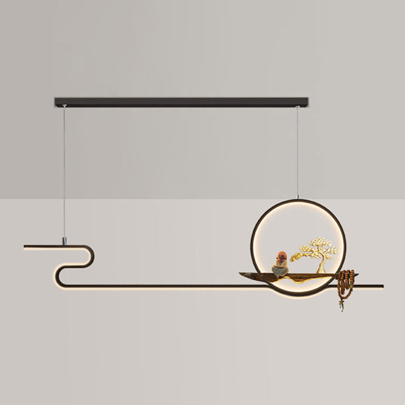 Minimalist Artistry Linear Hanging Lamp Metal Study Room LED Island Light with Monk and Tree Decor