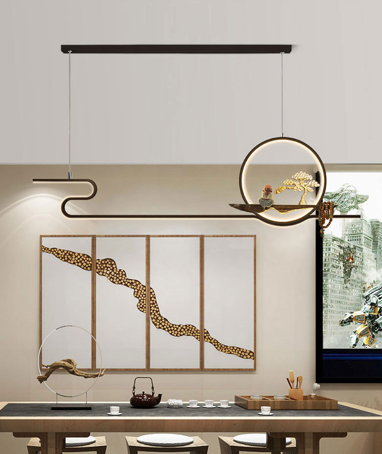 Minimalist Artistry Linear Hanging Lamp Metal Study Room LED Island Light with Monk and Tree Decor