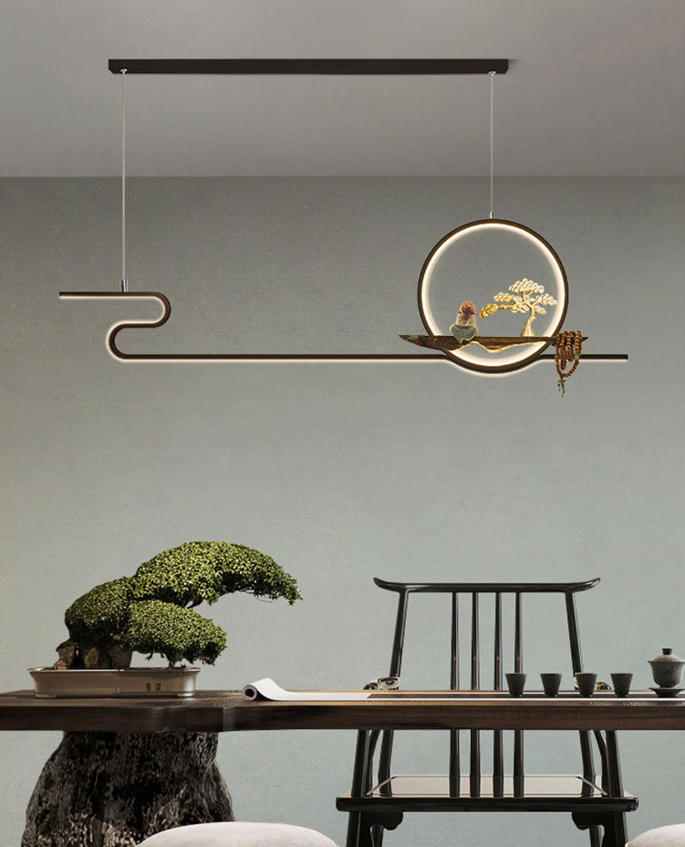Minimalist Artistry Linear Hanging Lamp Metal Study Room LED Island Light with Monk and Tree Decor