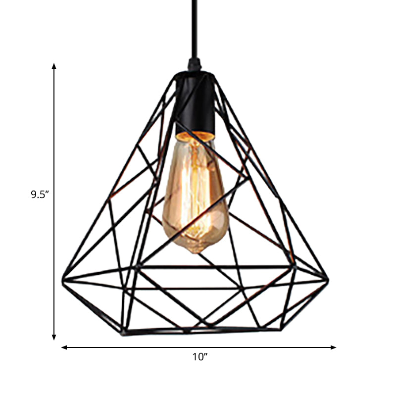 Diamond Shade Hanging Lighting Farmhouse Style Metal 1 Light Kitchen Ceiling Fixture with Wire Frame in Black