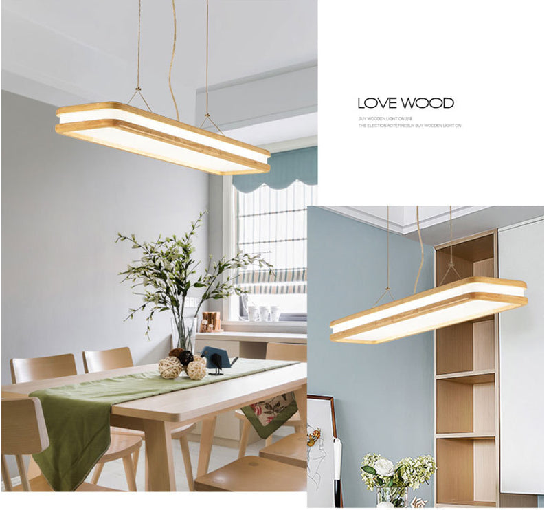 Lámpara de isla de madera rectangular colgante lámpara de suspensión de techo acrílico de led minimalista para la cena
