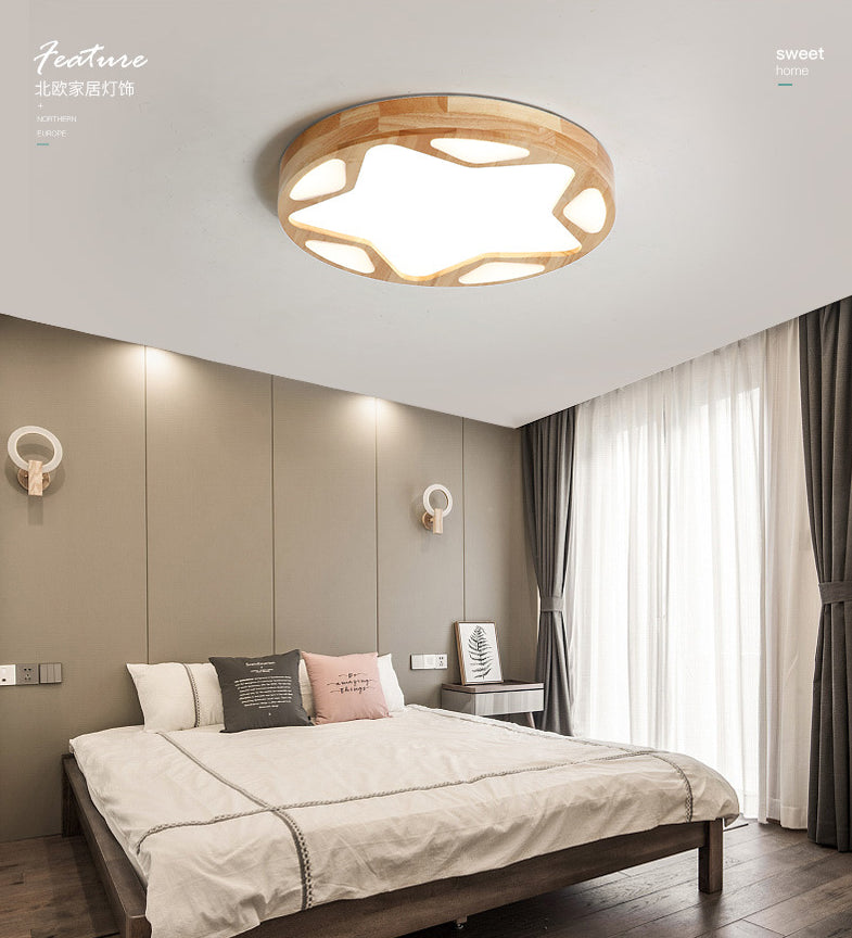 Modern Minimalist Round Ceiling Flush Mount Light Natural Wood Star Living Room Flush Mount Lighting