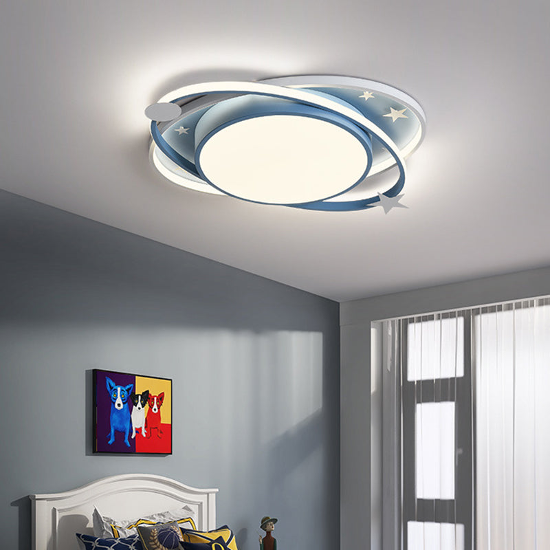 Nordic Metal Flush Mount Light Fixture Saturn Flush Mount Spotlight with White Acrylic Shade for Kids Bedroom